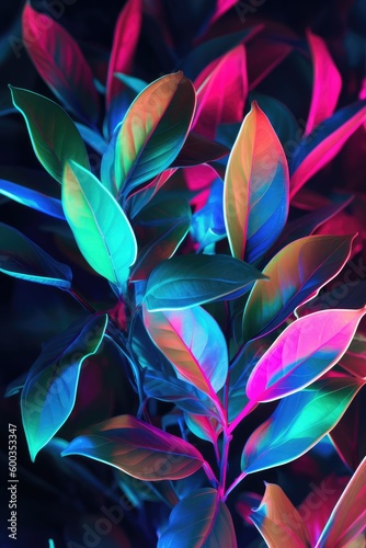 Crazy colorful plant leafs in neon vibrant colored room. Colors are pink  blue  green  violet  neon metallic shine. Phone wallpaper. Generative AI.