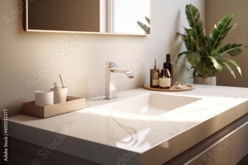 cabinet house counter sunlight sink design luxury interior faucet bathroom modern. Generative AI. © VICHIZH