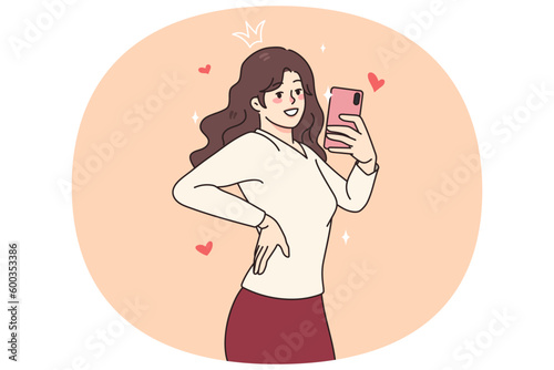 Happy millennial pretty girl male self-portrait picture of cellphone. Smiling young woman blogger or social media influencer take selfie on smartphone camera. Flat vector illustration. photo