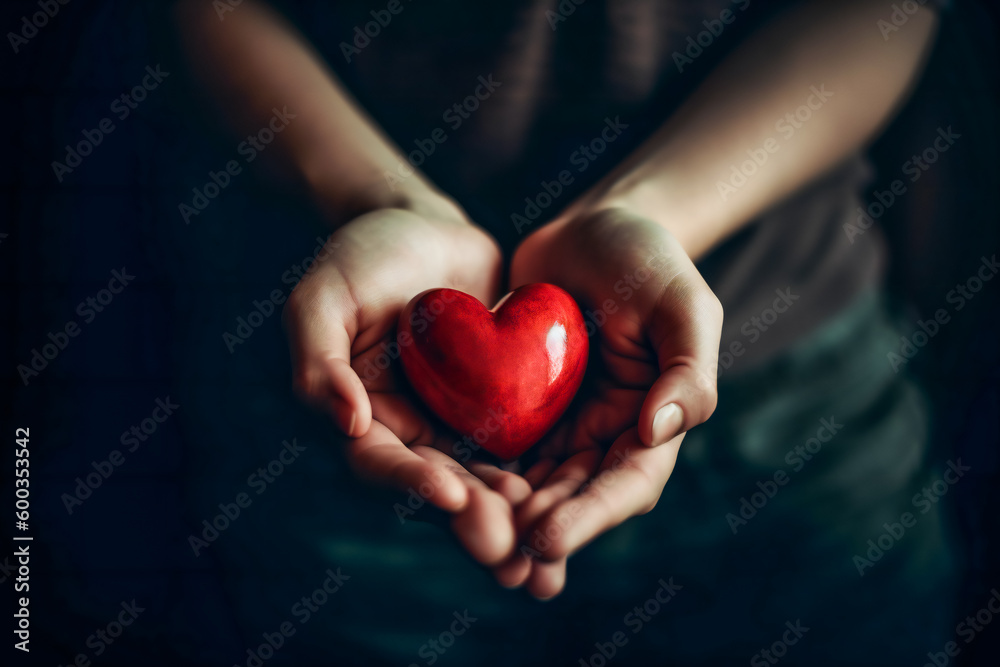 Hands holding a red heart. Generative AI.. Hands holding a red heart. Generative AI..