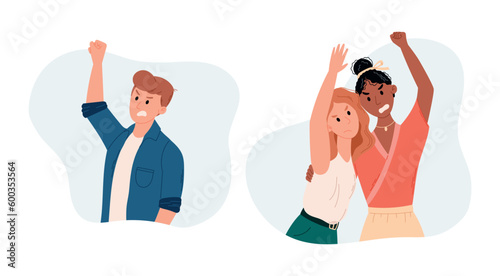 A crowd of people protesting. Women and man defending their rights with raised hand at a social rally or vote. Vector isolated cartoon illustration.
