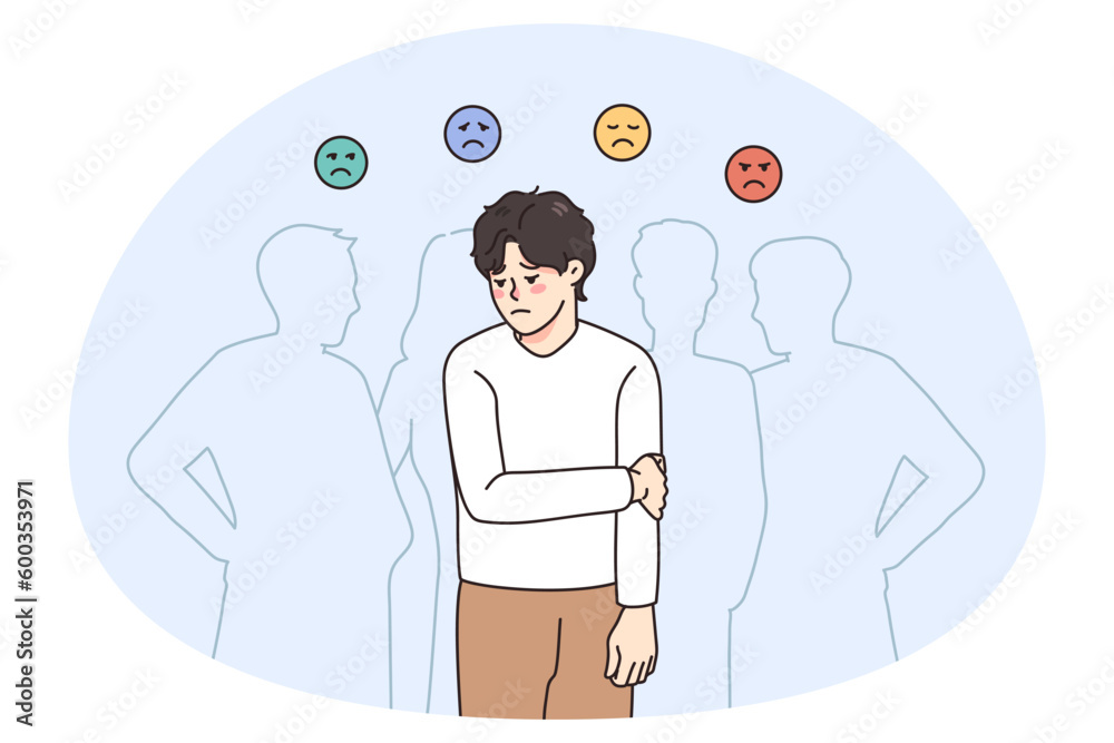 Sad guy feel lonely and uncomfortable in society. Unhappy young man suffer from solitude and loneliness in crowd, have various emotions. Frustration and depression. Vector illustration. - obrazy, fototapety, plakaty 