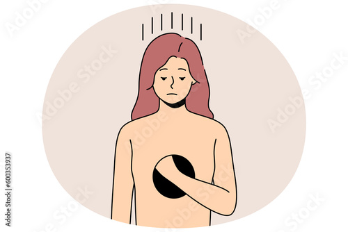 Unhappy woman with hole in body suffer from depression and psychological disorder. Upset sad girl feeling empty inside having mental problems. Healthcare concept. Vector illustration.