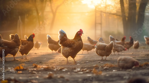 Hens, Roosters, and Chicks. Life on the Farm. Generatine AI.Generative AI photo
