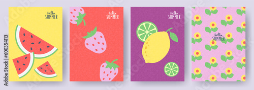 Hello Summer posters or covers set. Trendy modern art. Cartoon, minimal, abstract contemporary style. Summer card, banner, label templates with fruits watermelon, lemon, lime, strawberry and flowers
