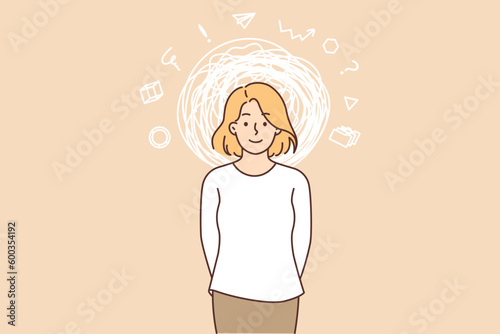 Smart woman with confused thoughts and lines around head symbolizing high intelligence