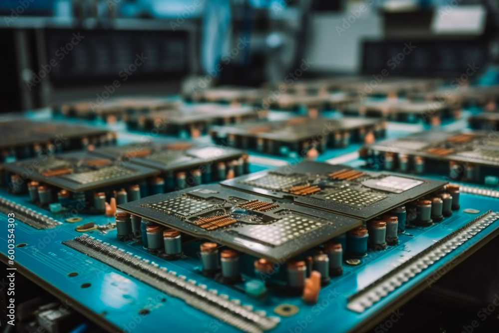 Computer Processors on Production Line on Electronics Factory. Microchip Production Process. AI Generated. Computer Processors on Production Line on Electronics Factory. Microchip Production Process. AI Generated.