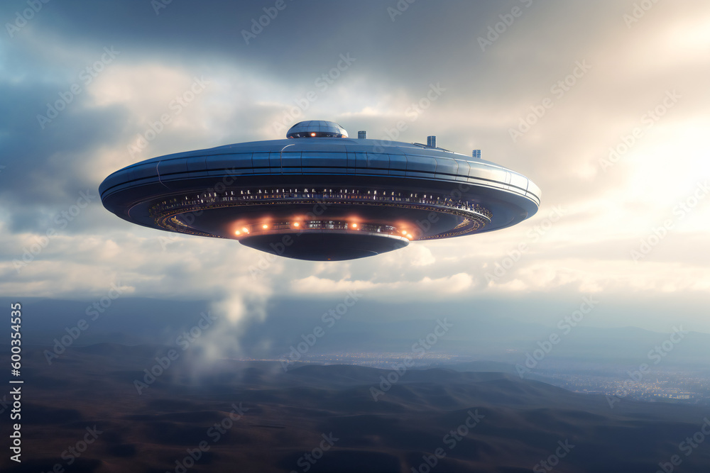 Mysterious UFO sighting over the distant horizon during a cloudy dusk. Generative AI Mysterious UFO sighting over the distant horizon during a cloudy dusk. Generative AI