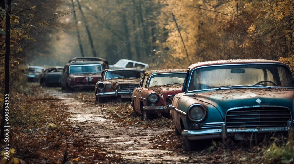 Rusty relics of the past .  Derelict automobiles . AI Generated. .  Wrecked and forgotten automobiles . AI Generated