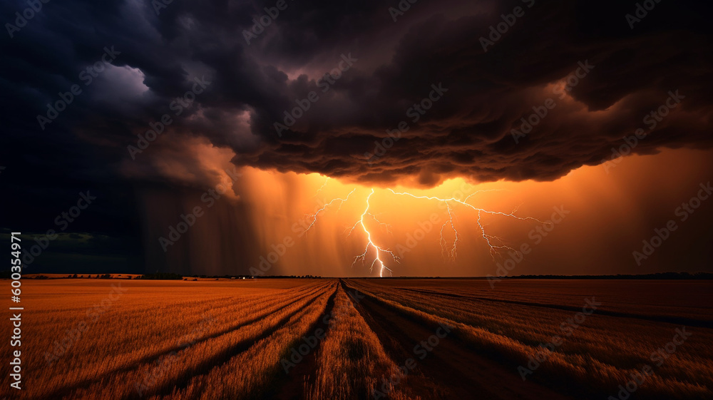 Blitz Gewitter fotorealistische Illustration, Nachtaufnahme eines Blitz während eines Gewitters, KI generiert