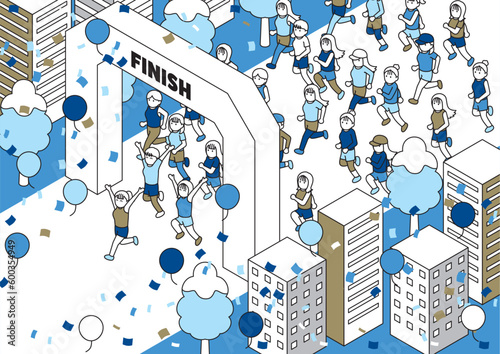 アイソメトリック　走る女性　冬　ゴール　フィニッシュ