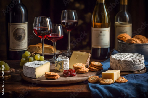 Selection Of Cheese And Wine. AI Generated