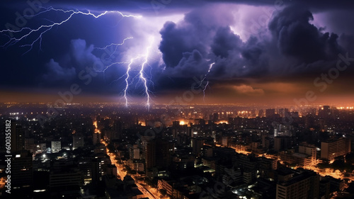 Blitz Gewitter fotorealistische Illustration: Gewitter über einer Stadt, Nachtaufnahme eines Blitz während eines Gewitters, KI generiert
