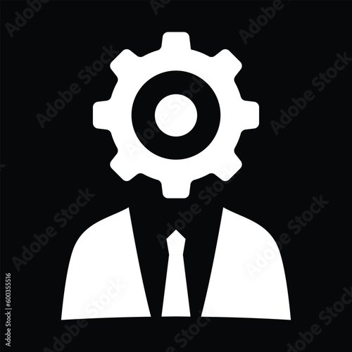 user icon vector. illustration of gear head man silhouette. employed sign. isolated on black background.