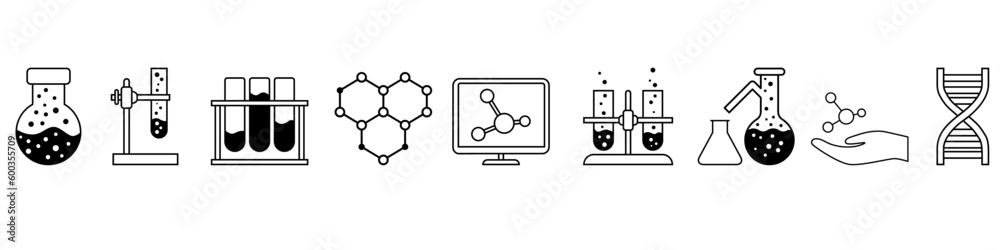 Chemistry vector icon set. laboratory illustration sign collection. analyzes symbol. experiences logo.
