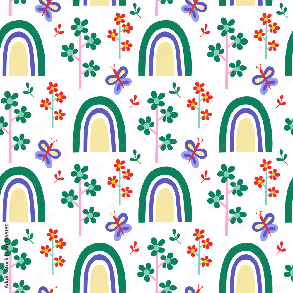 Vector seamless pattern. Cute butterfly, rainbow, flowers on white background. Creative scandinavian kids texture for fabric, wrapping, textile, wallpaper, apparel. Vector illustration. Vector seamless pattern. Cute butterfly, rainbow, flowers on white background. Creative scandinavian kids texture for fabric, wrapping, textile, wallpaper, apparel. Vector illustration.