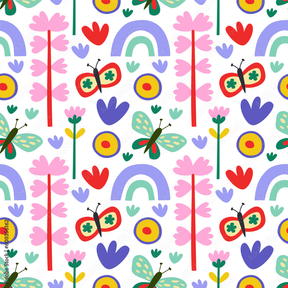 Vector seamless pattern. Cute butterfly, rainbow, flowers on white background. Creative scandinavian kids texture for fabric, wrapping, textile, wallpaper, apparel. Vector illustration. Vector seamless pattern. Cute butterfly, rainbow, flowers on white background. Creative scandinavian kids texture for fabric, wrapping, textile, wallpaper, apparel. Vector illustration.