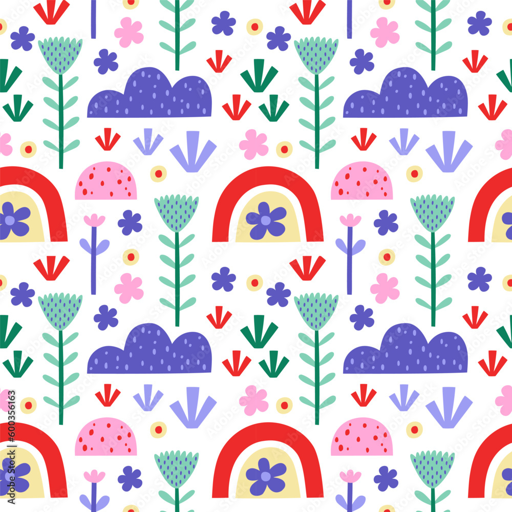 Vector seamless pattern. Cute rainbow, flowers on white background. Creative scandinavian kids texture for fabric, wrapping, textile, wallpaper, apparel. Vector illustration. Vector seamless pattern. Cute rainbow, flowers on white background. Creative scandinavian kids texture for fabric, wrapping, textile, wallpaper, apparel. Vector illustration.