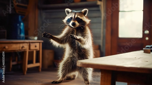 a very cheerful raccoon in the kitchen. AI Generated