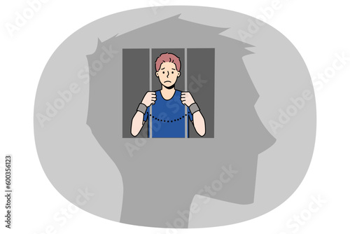 Man in jail inside human head suffer from freedom of thoughts or rights. Unhappy imprisoned male locked in mind have life restrictions and bans. Brain prison. Vector illustration.