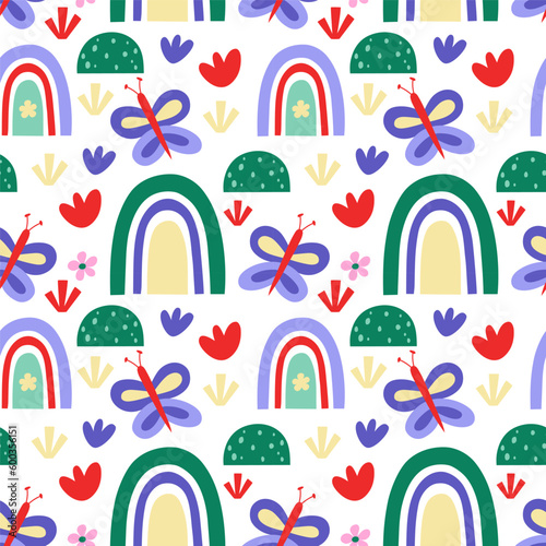 Vector seamless pattern. Cute butterfly, rainbow, flowers on white background. Creative scandinavian kids texture for fabric, wrapping, textile, wallpaper, apparel. Vector illustration.