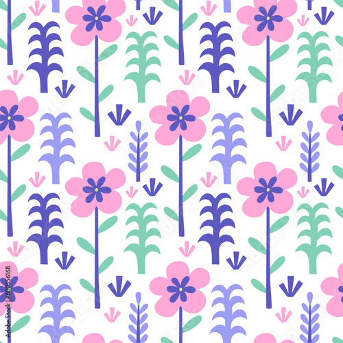 Vector seamless pattern. Cute flowers on white background. Creative scandinavian kids texture for fabric, wrapping, textile, wallpaper, apparel. Vector illustration.