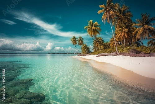 Beautiful beach with palms and turquoise sea. AI Generated