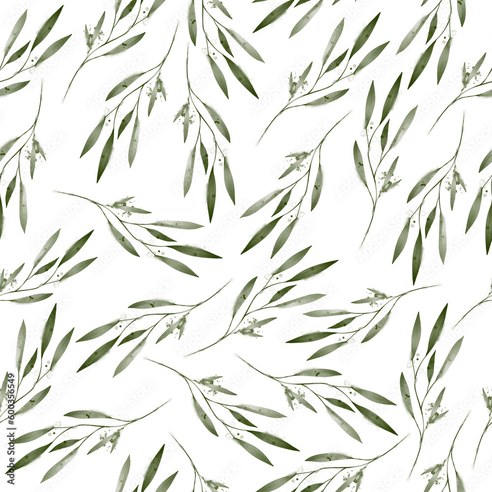 Naklejka premium Seamless pattern with watercolor green leaves. Branch with leaves, Greenery, Boho and rustic style, Pattern for the wedding. Delicate herbs.