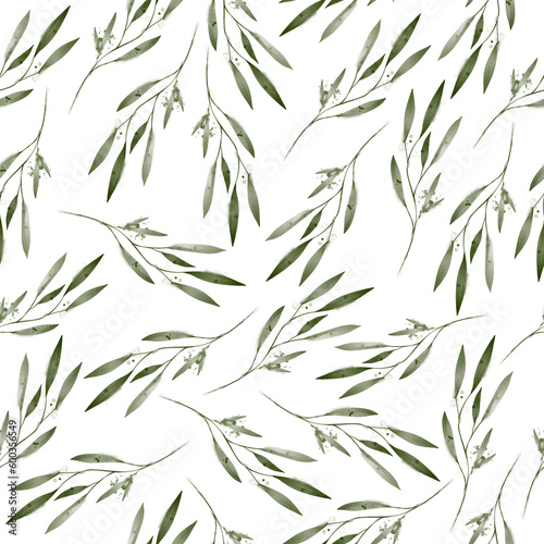 Seamless pattern with watercolor green leaves. Branch with leaves  Greenery  Boho and rustic style  Pattern for the wedding. Delicate herbs.