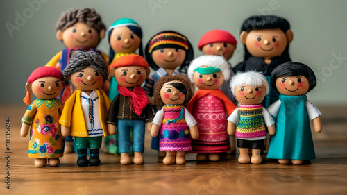 Collection of diverse and colorful handmade dolls representing family and diversity.