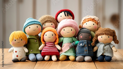 Collection of diverse and colorful handmade dolls representing family and diversity.