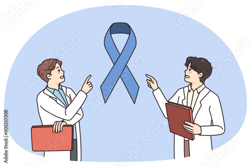 Male doctors discuss cancer diagnosis rise awareness to death disease. Men medical professionals near huge blue ribbon for oncology illness. Healthcare and medicine. Vector illustration.