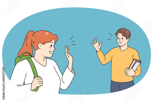 Smiling diverse colleagues say bye wave with hand after job in office. Happy man and woman employees or coworkers greeting or show hello. Friendship and communication. Vector illustration.