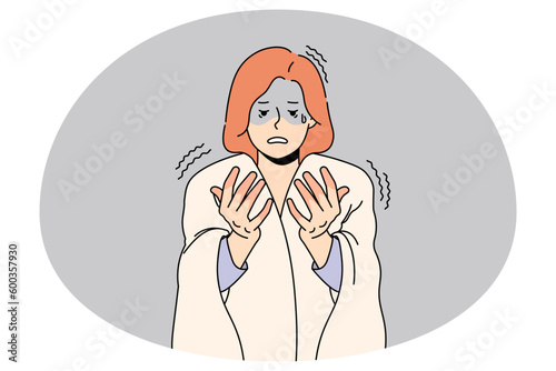 Unhappy woman feel anxious look at red hands suffer from sickness or illness. Upset female with blanket on shoulders have fingers frostbite struggle with cold weather. Vector illustration.