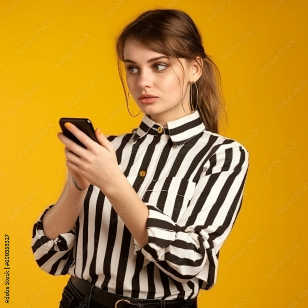 Young woman wearing casual striped black and white shirt. She is working on her mobile phone. Background yellow. Young woman wearing casual striped black and white shirt. She is working on her mobile phone. Background yellow.