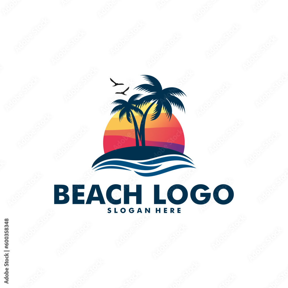 Beach logo design Vector, Beach, palm and Sunset vector template