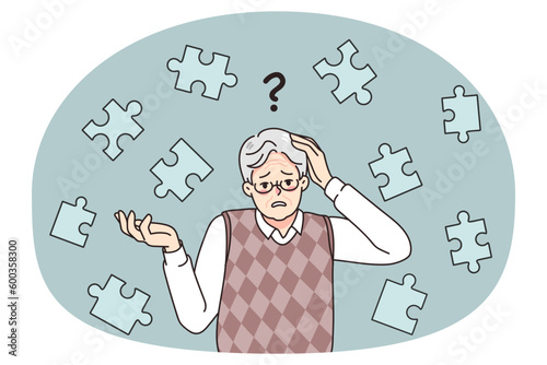 Frustrated old man suffer from dementia loss memory. Confused senior male struggle with Alzheimer disease. Elderly healthcare and medicine concept. Flat vector illustration.