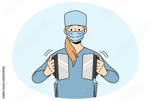 Woman nurse in medical uniform and facemask resuscitating patient in hospital. Female worker use defibrillator in ER in clinic. Medicine and healthcare. Vector illustration.