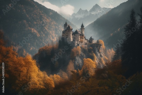 Castle surrounded by autumn mountains in a fairytale valley. Generative AI