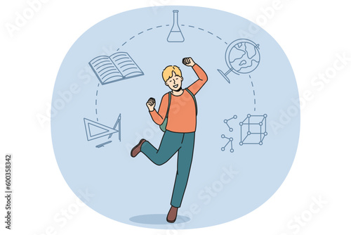 Happy boy child feel excited about being back to school. Smiling kid pupil euphoric about lessons start. Education and learning concept. Flat vector illustration, cartoon character.