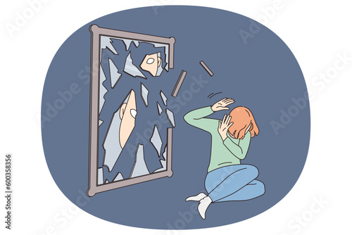 Unhappy young woman near broken mirror struggle with mental problem or depression. Upset girl suffer from psychological disorder or bullying. Inner conflict concept. Vector illustration.