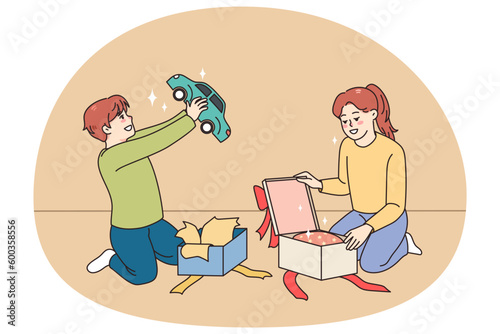 Happy small kids unpack wrapped boxes with presents for birthday. Smiling children feel excited open unbox parcels or gifts for special occasion. Surprise concept. Childcare. Vector illustration.