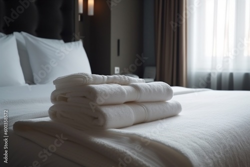 fresh white resort bed service hotel room towel luxury home. Generative AI.