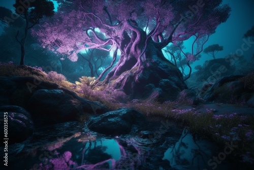 A stunning purple glowing forest surrounds a Pandora s Tree of Life with water running below. The scene evokes an Avatar-like aesthetic. Generative AI