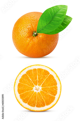 Orange fruit whole one one cut in half, with leaf