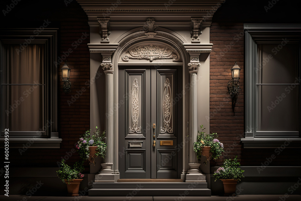 House Entrance Closed, Gray Door Front View - Generative AI House Entrance Closed, Gray Door Front View - Generative AI