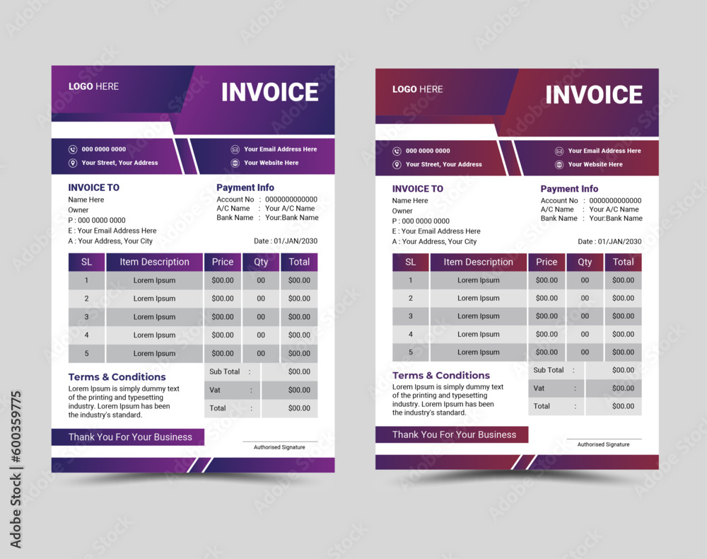 Vector professional and modern invoice template design. Vector professional and modern invoice template design.