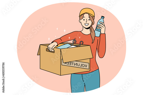 Smiling woman with box help people in need with food and supplies. Happy girl volunteer show aid and assistance to poor. Female activist feel kind. Charity and donation. Vector illustration.
