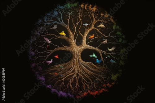 Circular roots of Tree of Life with colorful foliage, birds on black background. Generative AI