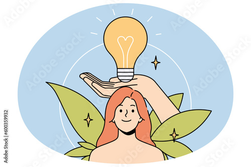 Huge hand holding lightbulb above smiling woman head. Happy female generate creative ideas brainstorm think over plans or thoughts. Visualization concept. Vector illustration.